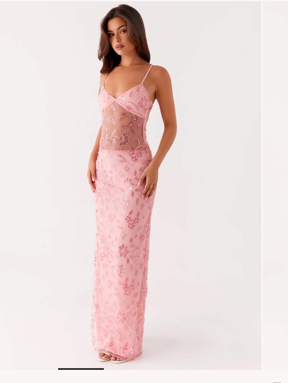 Peppermayo AKIRA Pink Beaded Sheer Bodice Maxi Dress